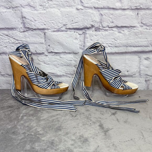 Coach Kimi Blue & White Striped Ankle Tie Platform Sandals - Picture 1 of 6